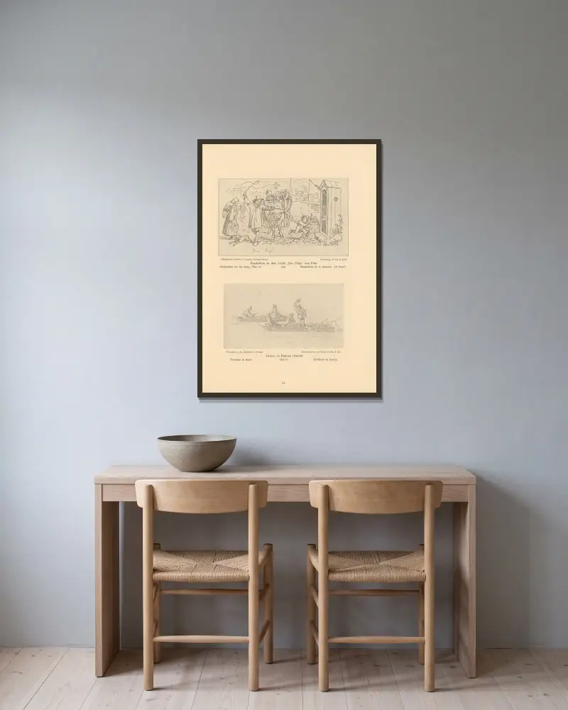 Illustration zu dem Lied „Der Ochs“, Tiroler in Booten von Alfred Rethel gerahmt an einer Wand