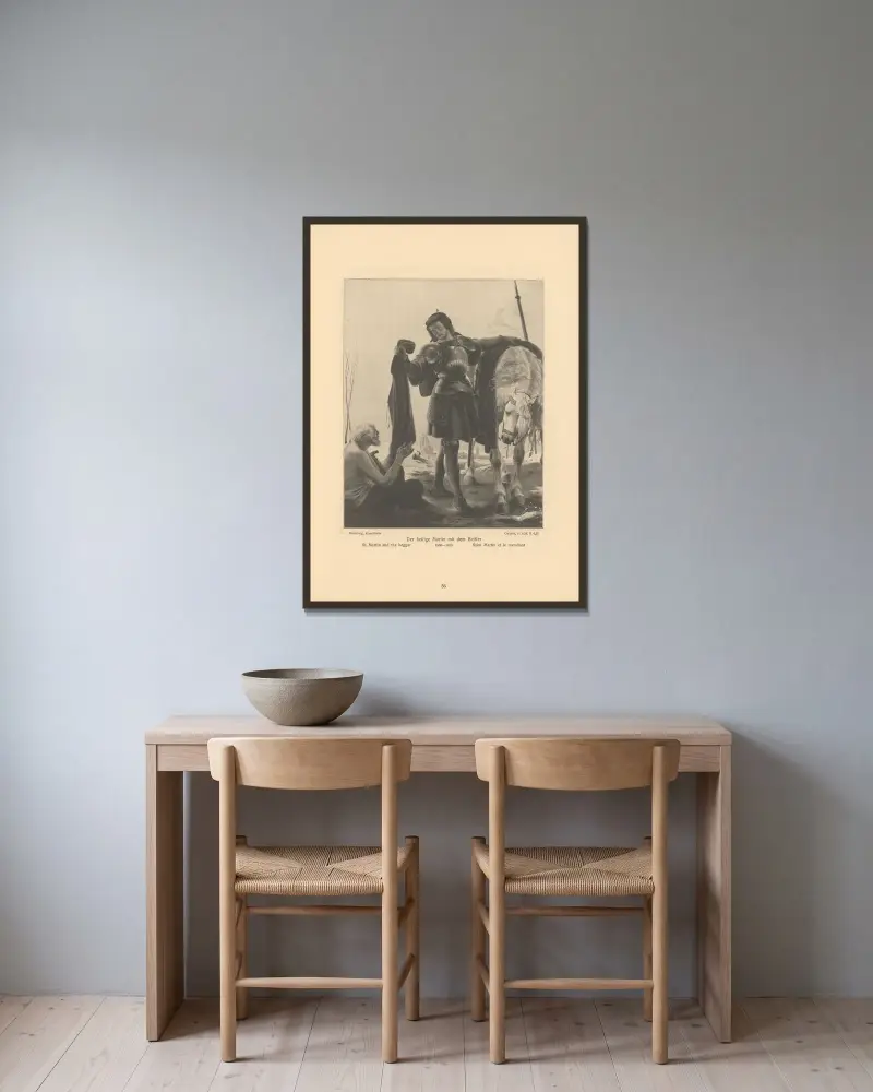 Sankt Martin och tiggaren av Alfred Rethel inramad på en vägg