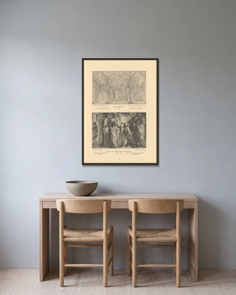 Die Geburt Christi, Petrus und Johannes heilen den Lahmen von Alfred Rethel gerahmt an einer Wand