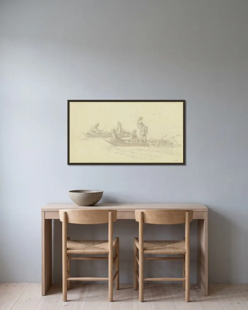Tyroleans in Einbaumen av Alfred Rethel inramad på en vägg