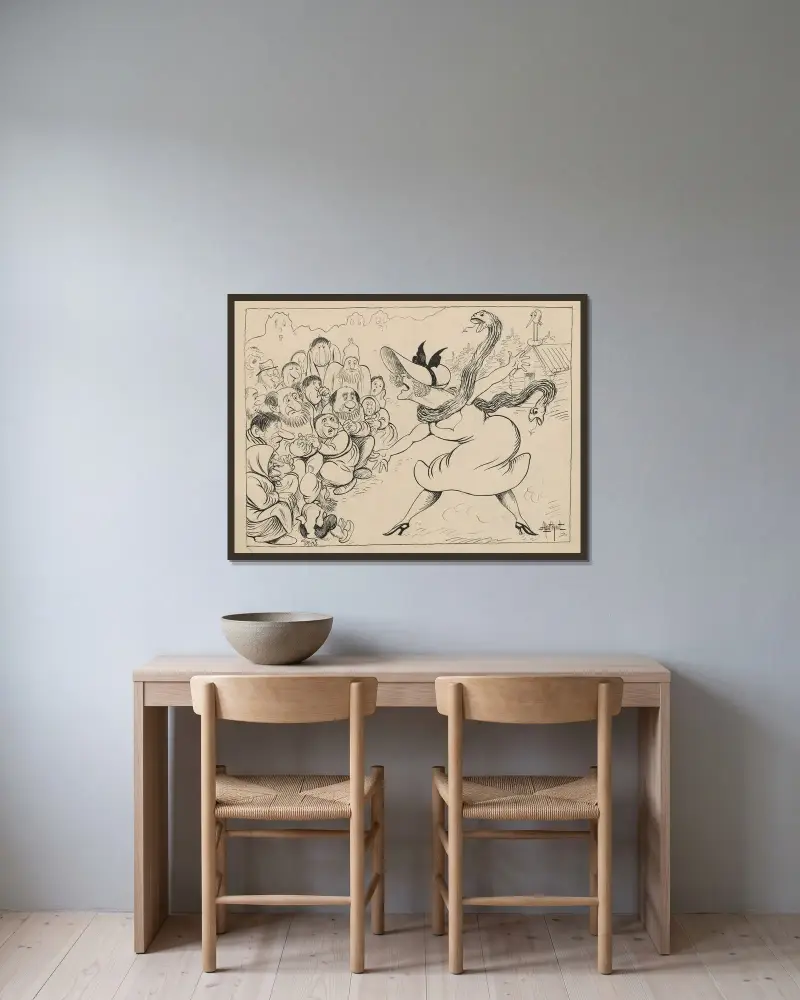 En liten hex och de norska bergstrollen av Alfred Schmidt inramad på en vägg