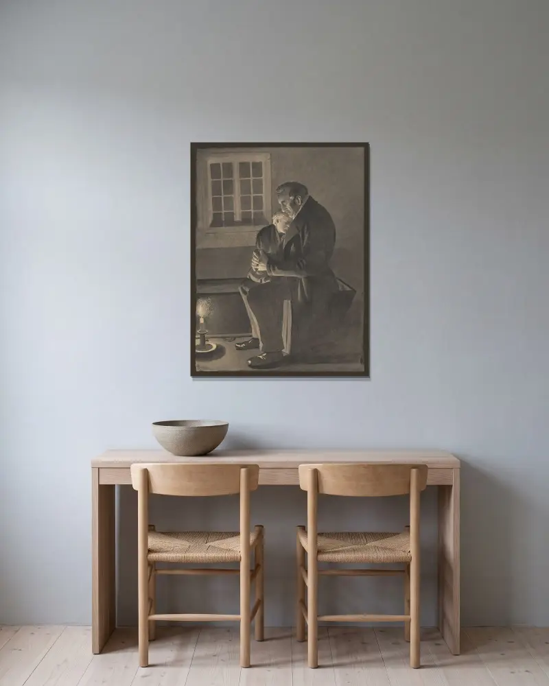Man och sovande barn av Alfred Schmidt inramad på en vägg
