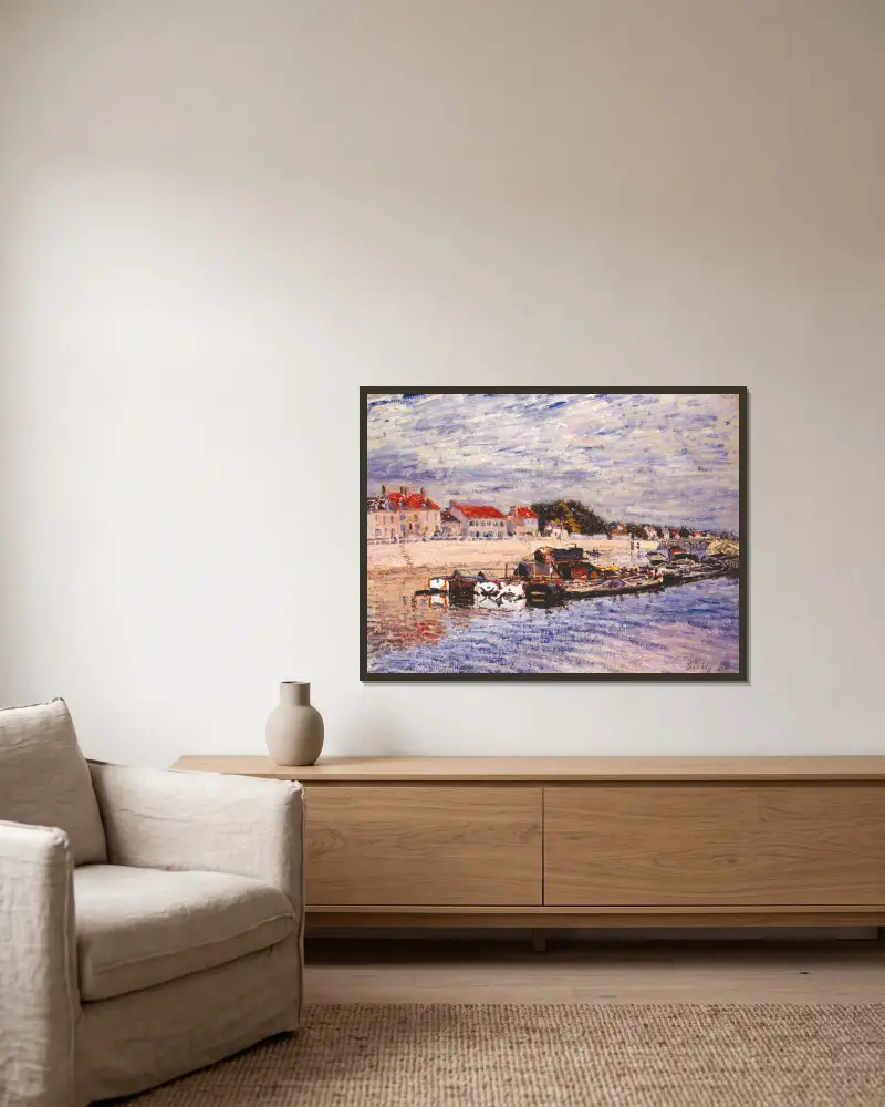 Lastkähne auf dem Loing bei Saint-Mammès von Alfred Sisley gerahmt an einer Wand