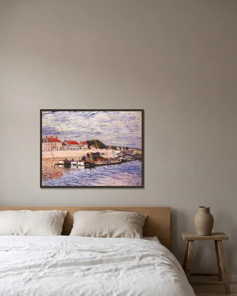Lastkähne auf dem Loing bei Saint-Mammès von Alfred Sisley gerahmt an einer Wand