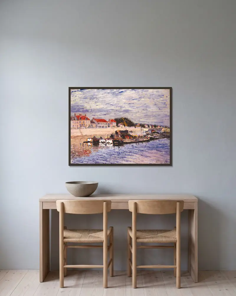 Lastkähne auf dem Loing bei Saint-Mammès von Alfred Sisley gerahmt an einer Wand