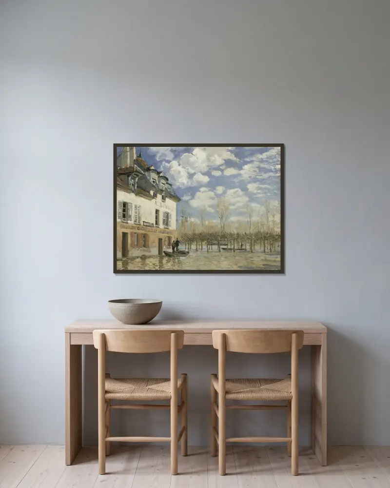 Boat in the Flood at Port Marly av Alfred Sisley inramad på en vägg