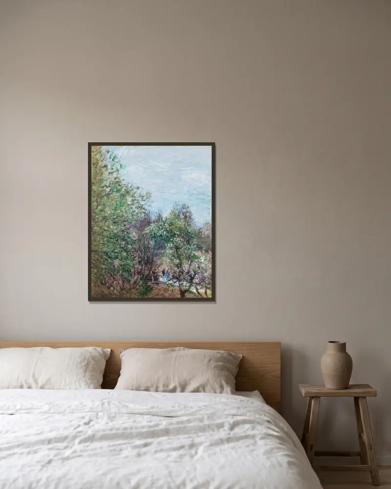Deux personnages à la lisière d’un bois, Veneux-Nadon av Alfred Sisley inramad på en vägg