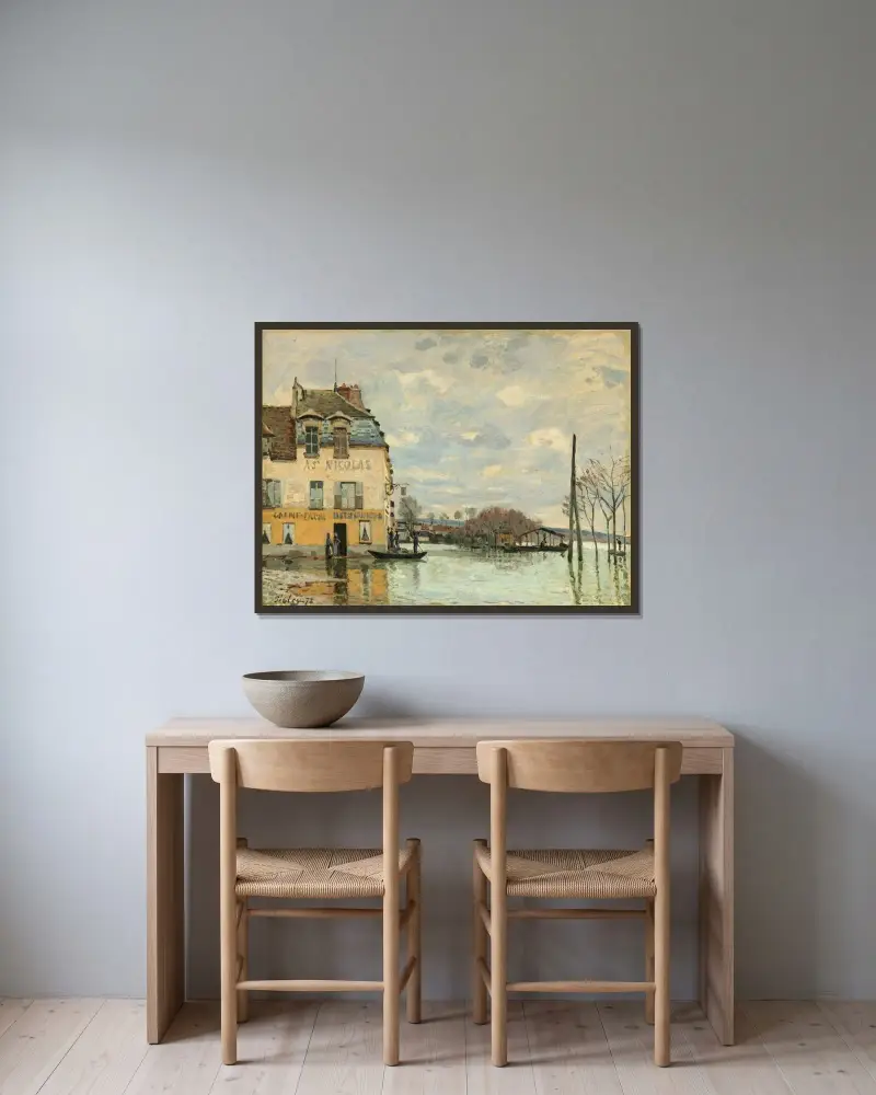 Flood at Port-Marly av Alfred Sisley inramad på en vägg