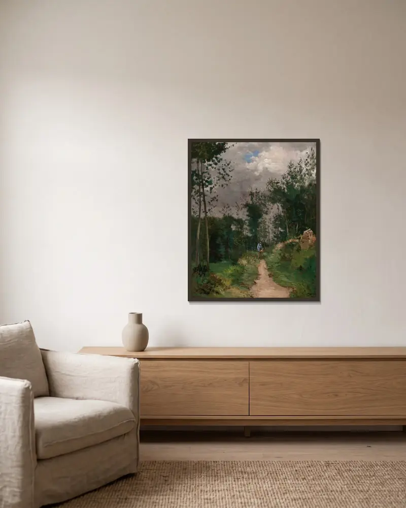 Garde-champêtre dans la forêt de Fontainebleau av Alfred Sisley inramad på en vägg