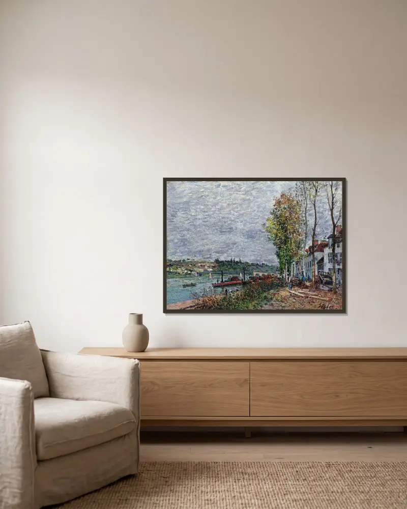 Jour De Brouillard À Saint-Mammès av Alfred Sisley inramad på en vägg