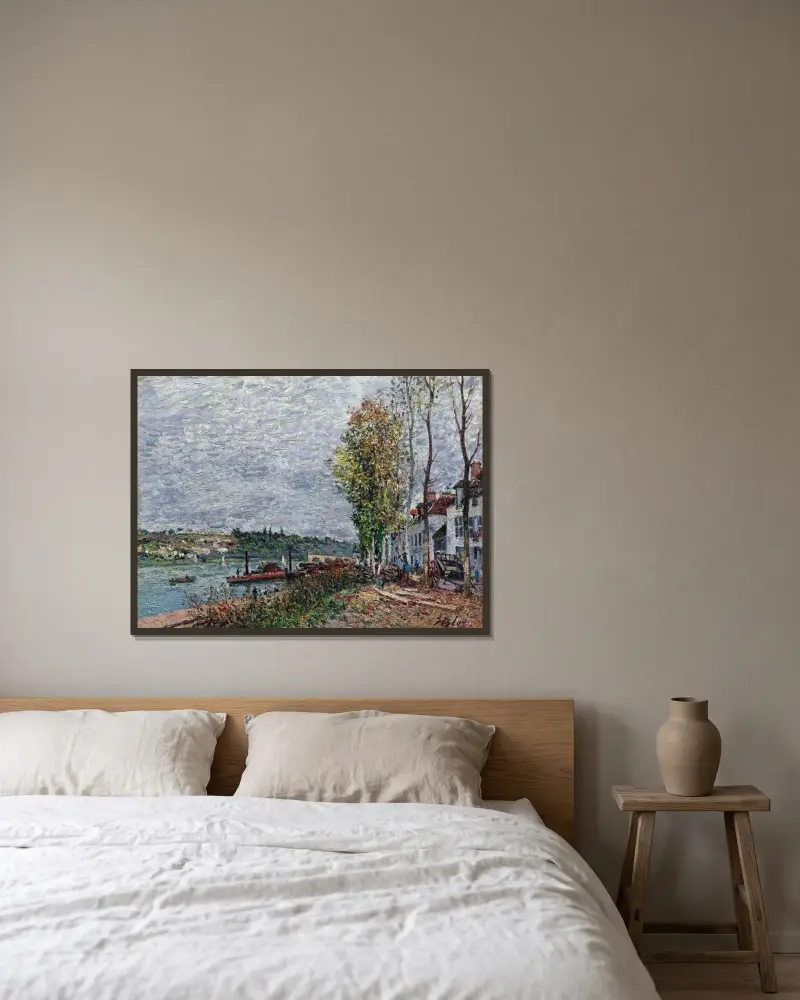 Jour De Brouillard À Saint-Mammès av Alfred Sisley inramad på en vägg