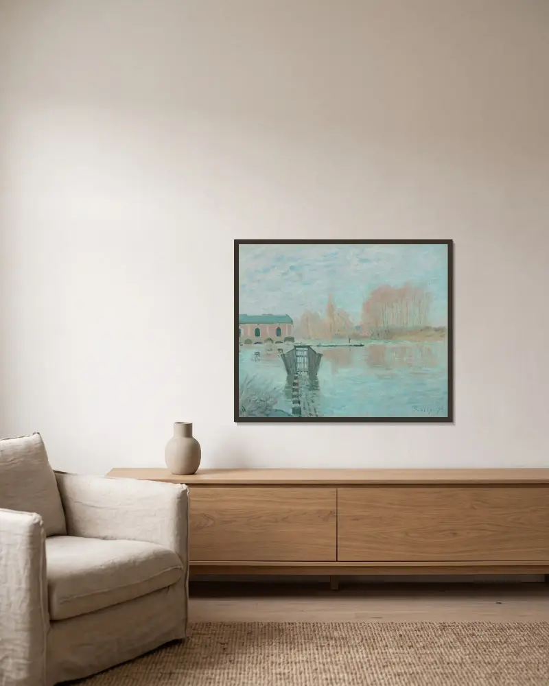 La Machine de Marly et le barrage, Bougival av Alfred Sisley inramad på en vägg