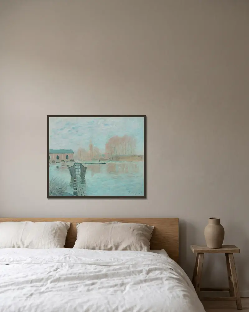 La Machine de Marly et le barrage, Bougival av Alfred Sisley inramad på en vägg