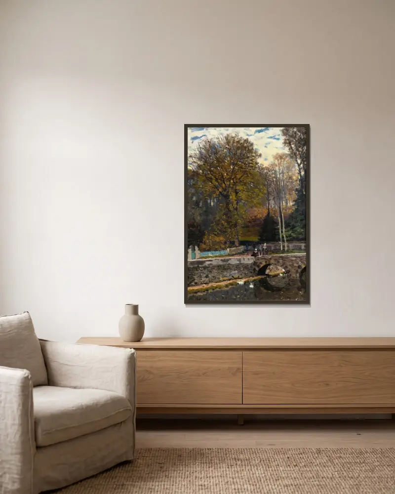 La Mare aux canards, château du Pont, Louveciennes av Alfred Sisley inramad på en vägg