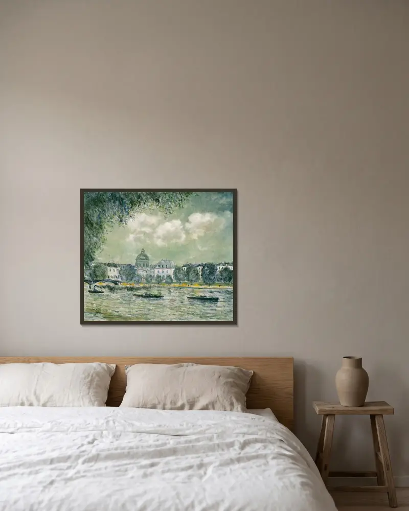 Landscape along the Seine with the Institut de France and the Pont des Arts av Alfred Sisley inramad på en vägg