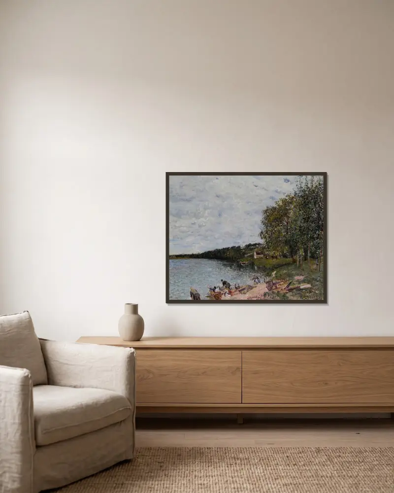Lavandières près de Champagne av Alfred Sisley inramad på en vägg