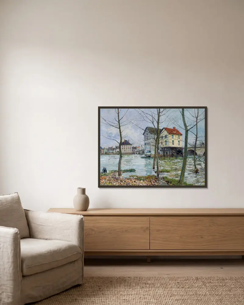 Les moulins de Moret–Hiver av Alfred Sisley inramad på en vägg