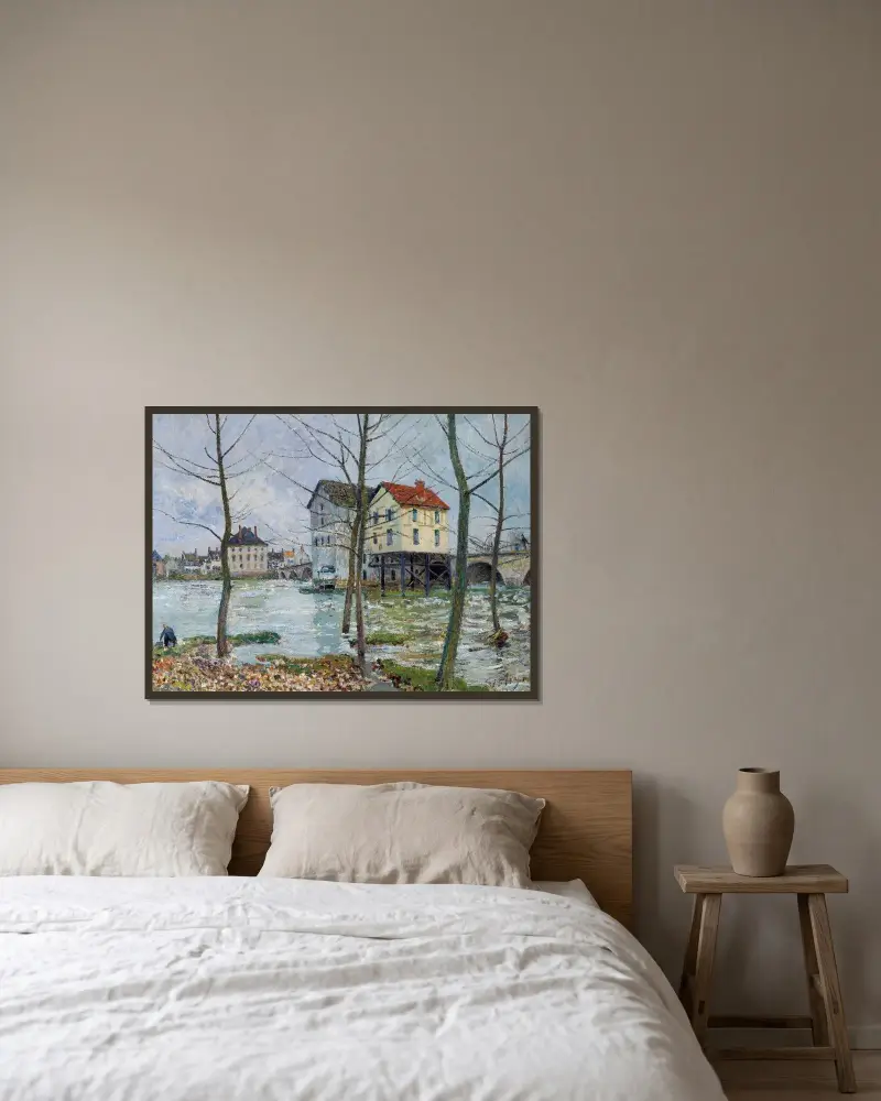 Les moulins de Moret–Hiver av Alfred Sisley inramad på en vägg