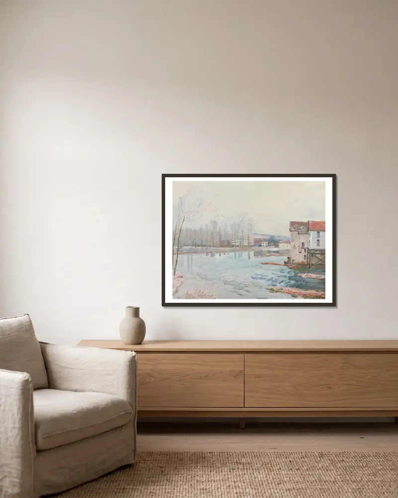 Winter in Moret von Alfred Sisley gerahmt an einer Wand