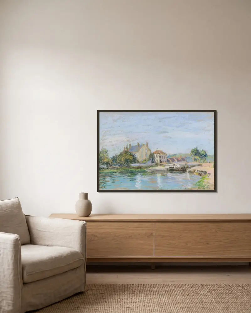 Häuser an der Gazonne-Schleuse von Alfred Sisley gerahmt an einer Wand
