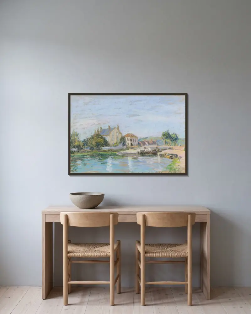 Häuser an der Gazonne-Schleuse von Alfred Sisley gerahmt an einer Wand