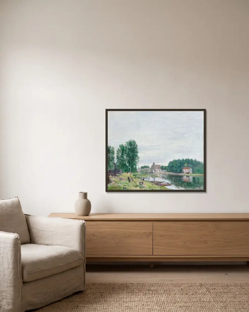 Båtvarvet vid Matrat, Moret-sur-Loing, regnväder av Alfred Sisley inramad på en vägg