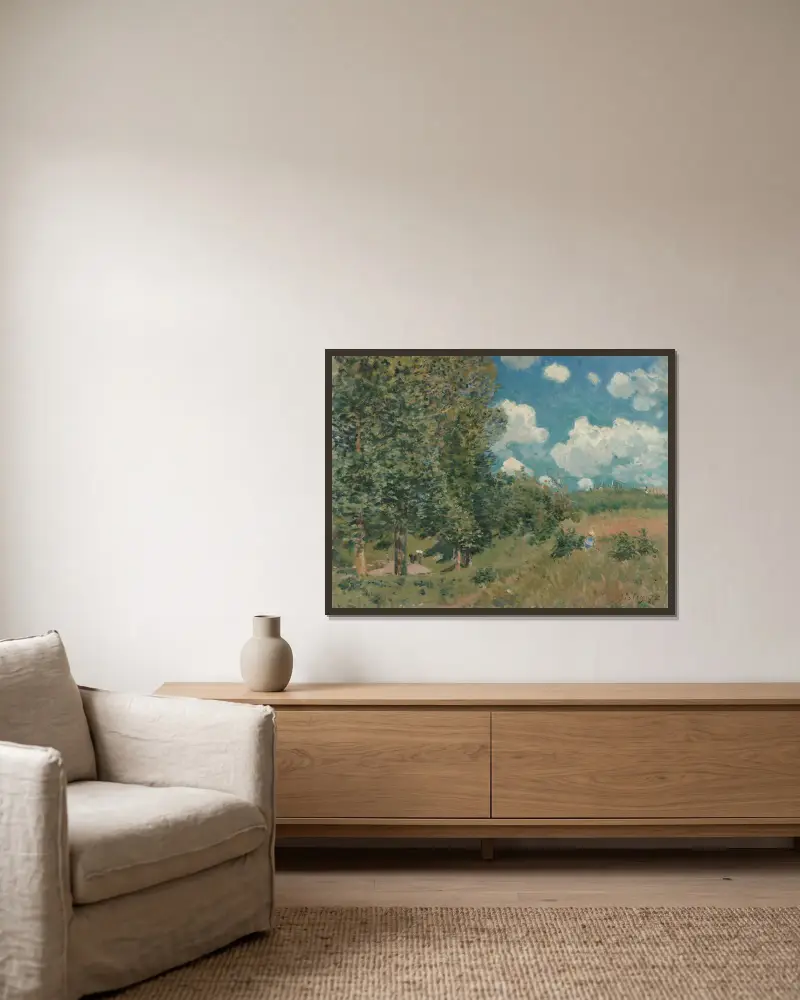 The Road from Versailles to Saint-Germain av Alfred Sisley inramad på en vägg