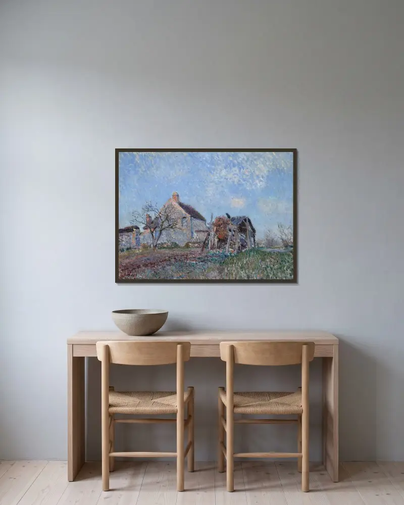 Gammal stråtäckt stuga vid Sablons, omgivningarna kring Veneux-Nadon av Alfred Sisley inramad på en vägg