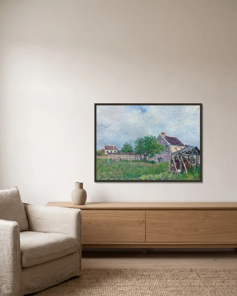 Vieille Chaumière Aux Sablons av Alfred Sisley inramad på en vägg