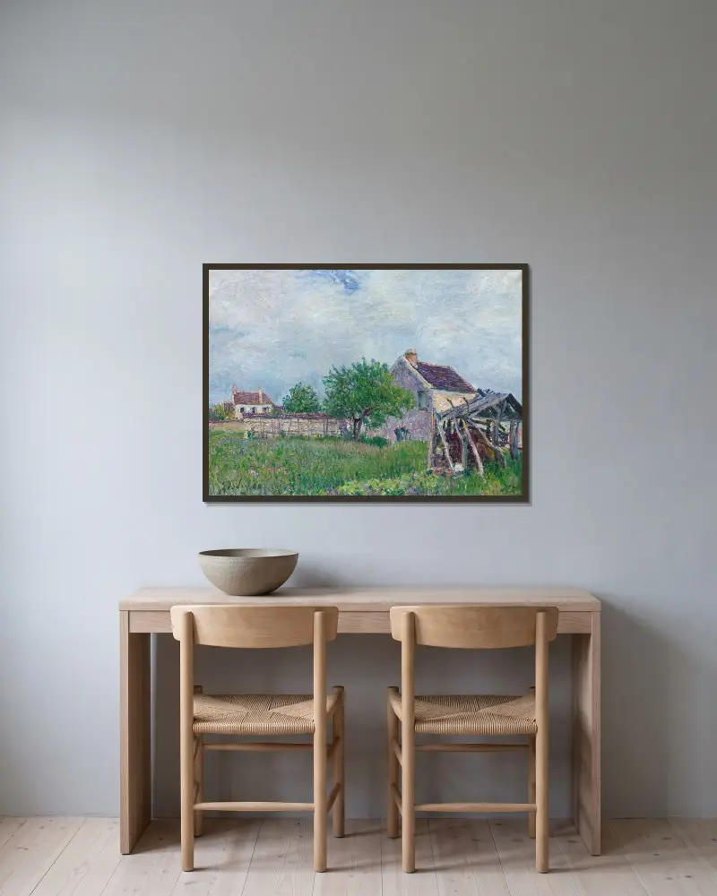 Vieille Chaumière Aux Sablons av Alfred Sisley inramad på en vägg