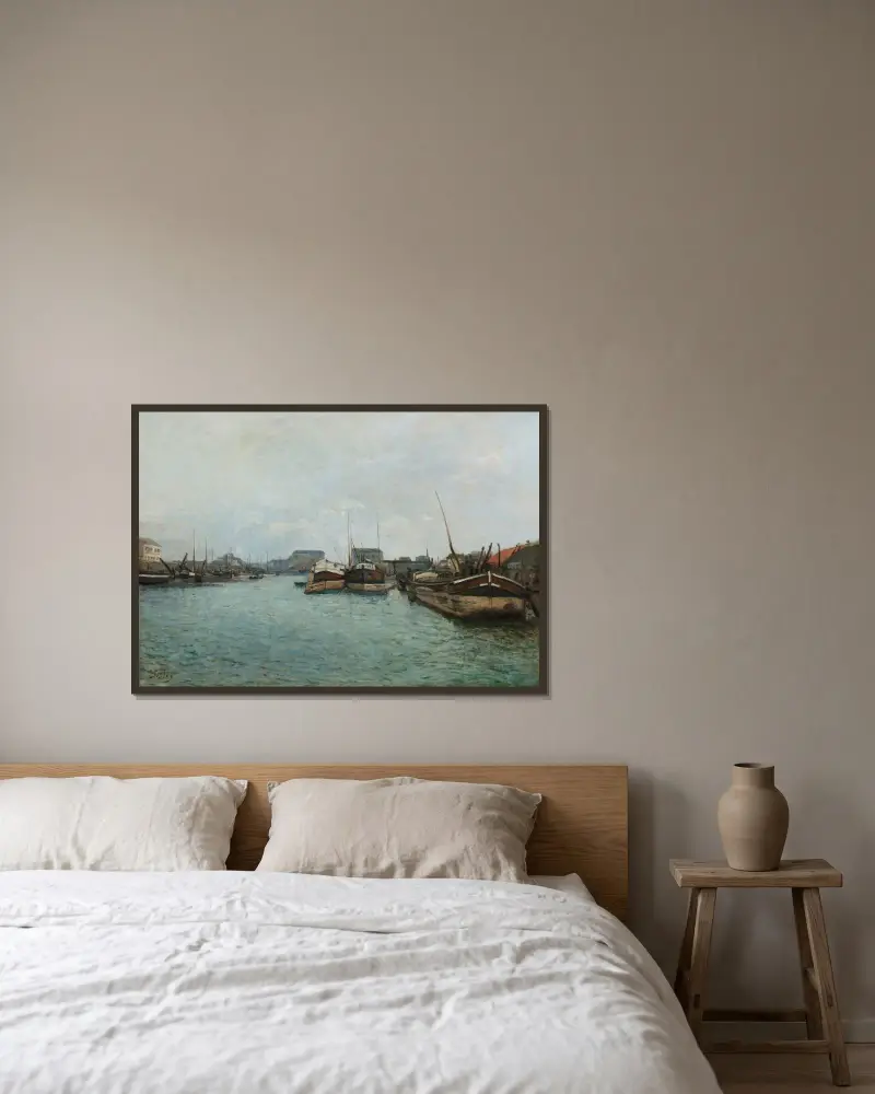 Vue d’un port, les péniches av Alfred Sisley inramad på en vägg