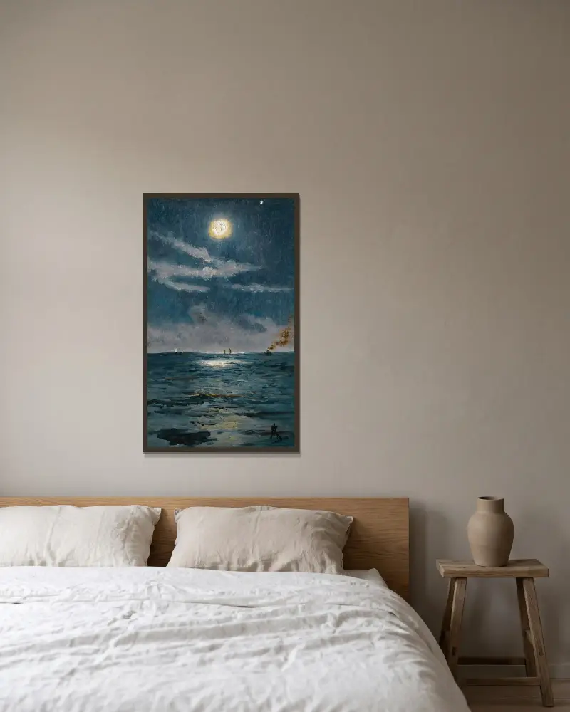 En lugn månskensscen vid havet av Alfred Stevens inramad på en vägg