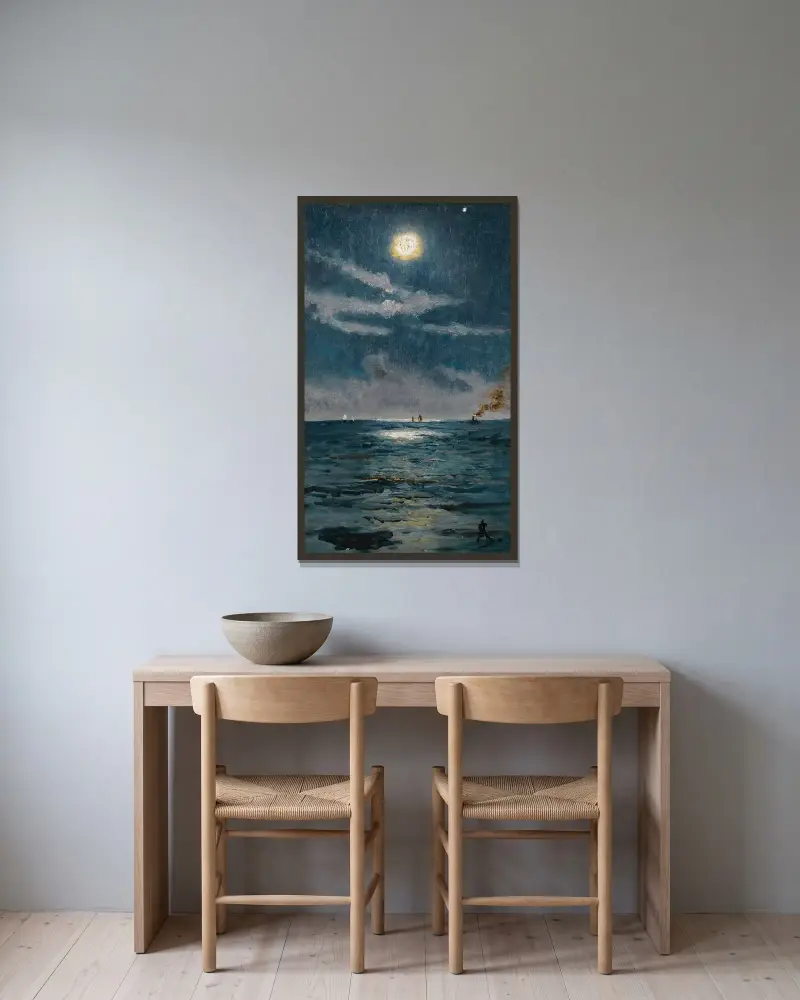 En lugn månskensscen vid havet av Alfred Stevens inramad på en vägg