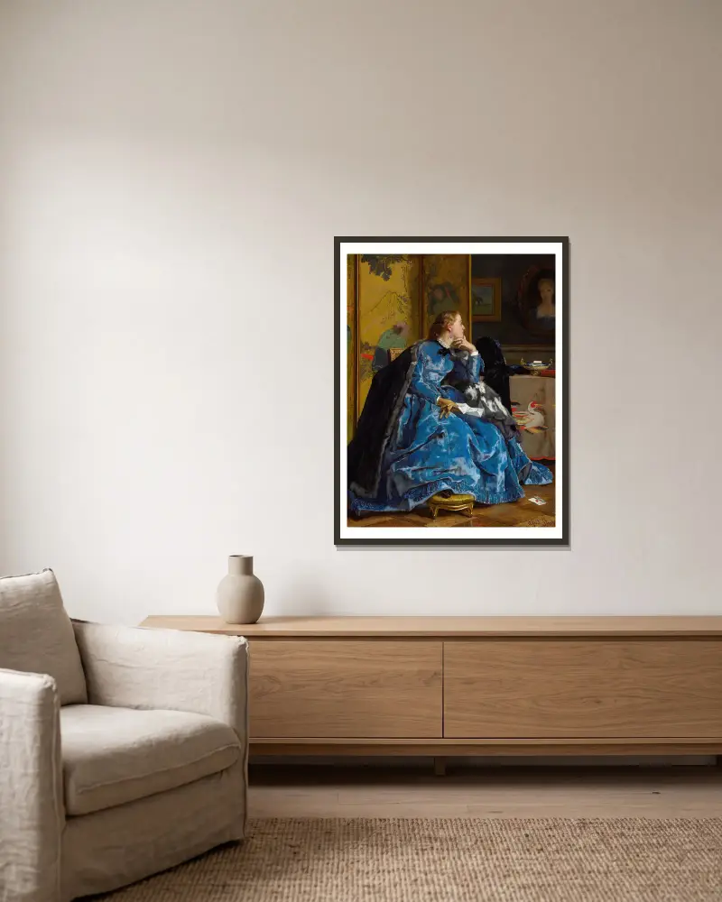 Eine Herzogin (Das blaue Kleid) von Alfred Stevens gerahmt an einer Wand