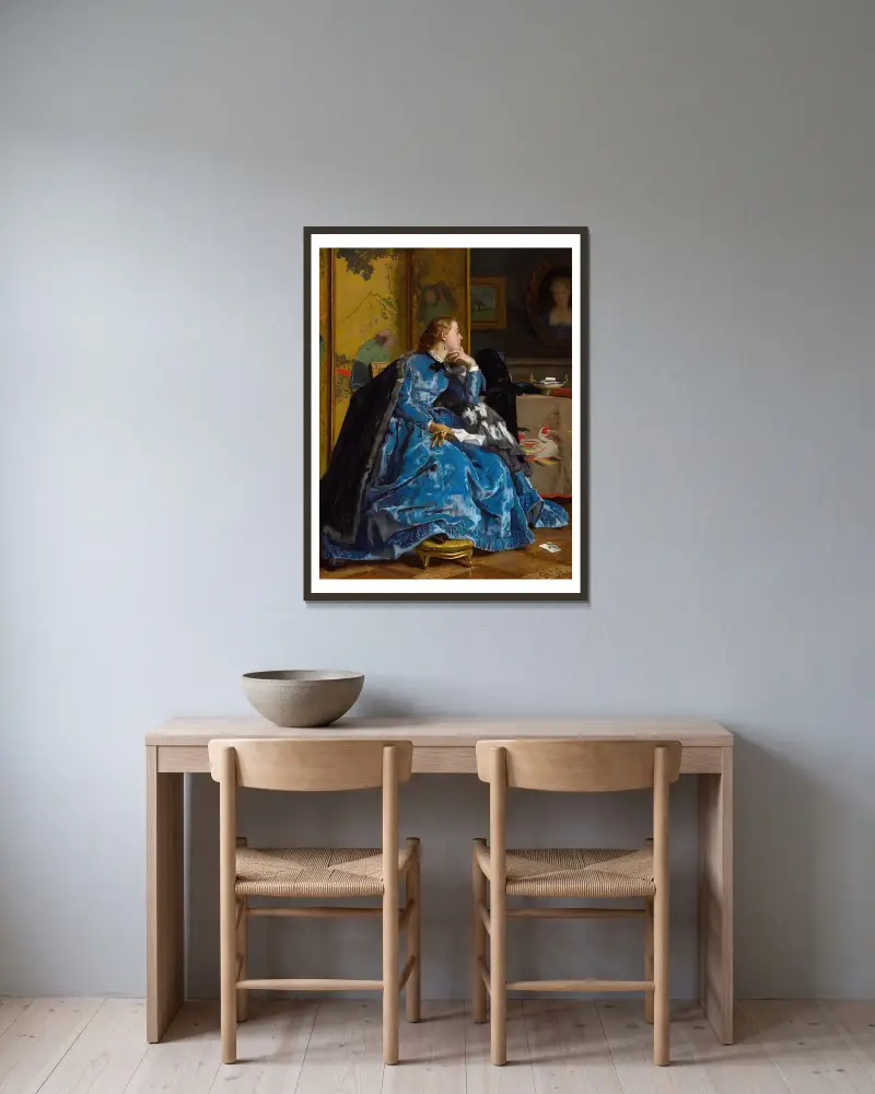Eine Herzogin (Das blaue Kleid) von Alfred Stevens gerahmt an einer Wand