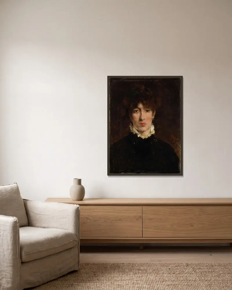 A portrait of a woman, thought to be Sarah Bernhardt av Alfred Stevens inramad på en vägg