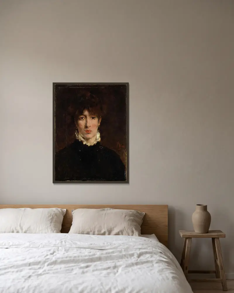 A portrait of a woman, thought to be Sarah Bernhardt av Alfred Stevens inramad på en vägg