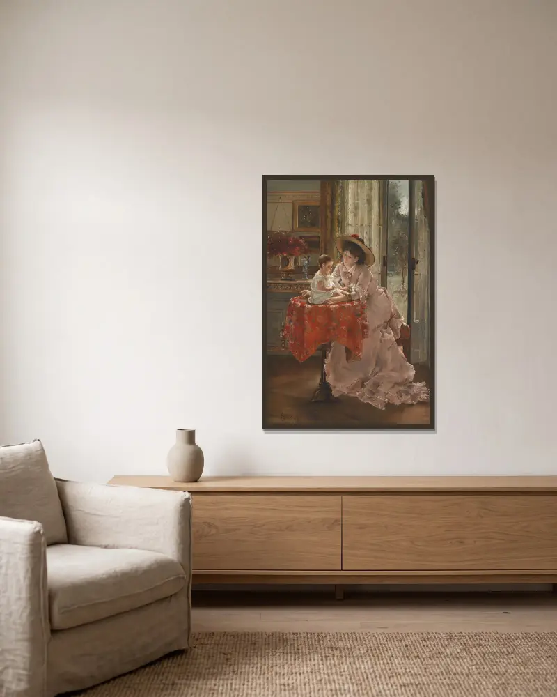 Die glückliche Mutter von Alfred Stevens gerahmt an einer Wand