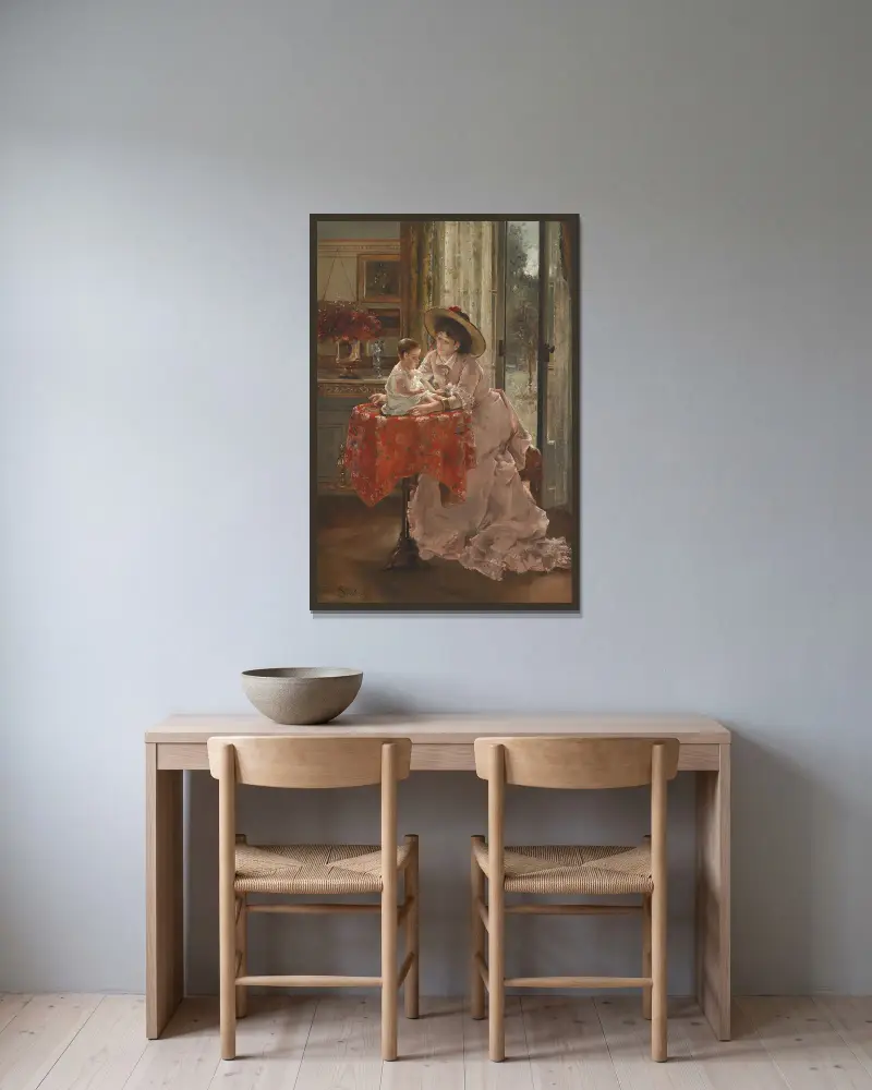Die glückliche Mutter von Alfred Stevens gerahmt an einer Wand