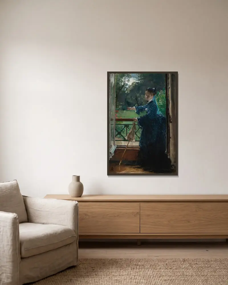 Frau auf dem Balkon von Alfred Stevens gerahmt an einer Wand