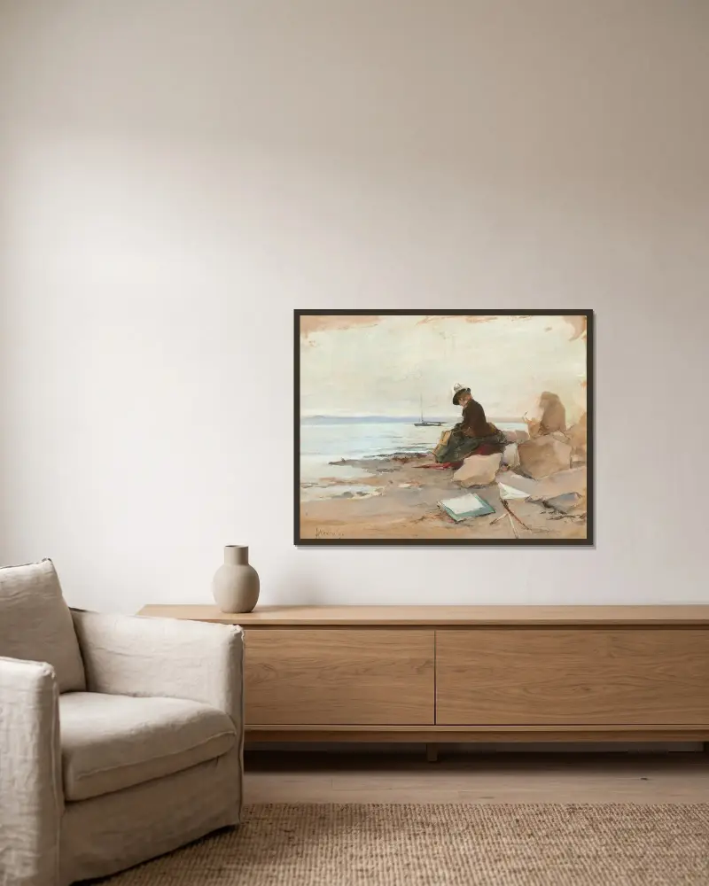 Kvinna som målar vid havet av Alfred Stevens inramad på en vägg