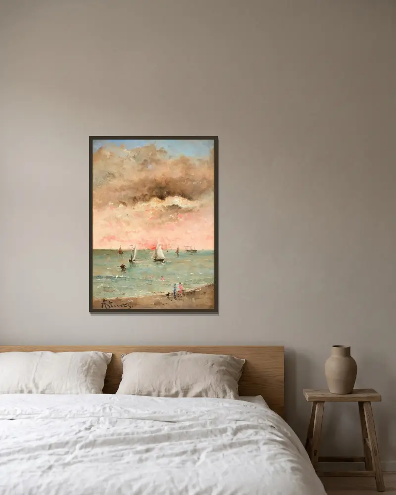Figurer på stranden i solnedgång av Alfred Stevens inramad på en vägg