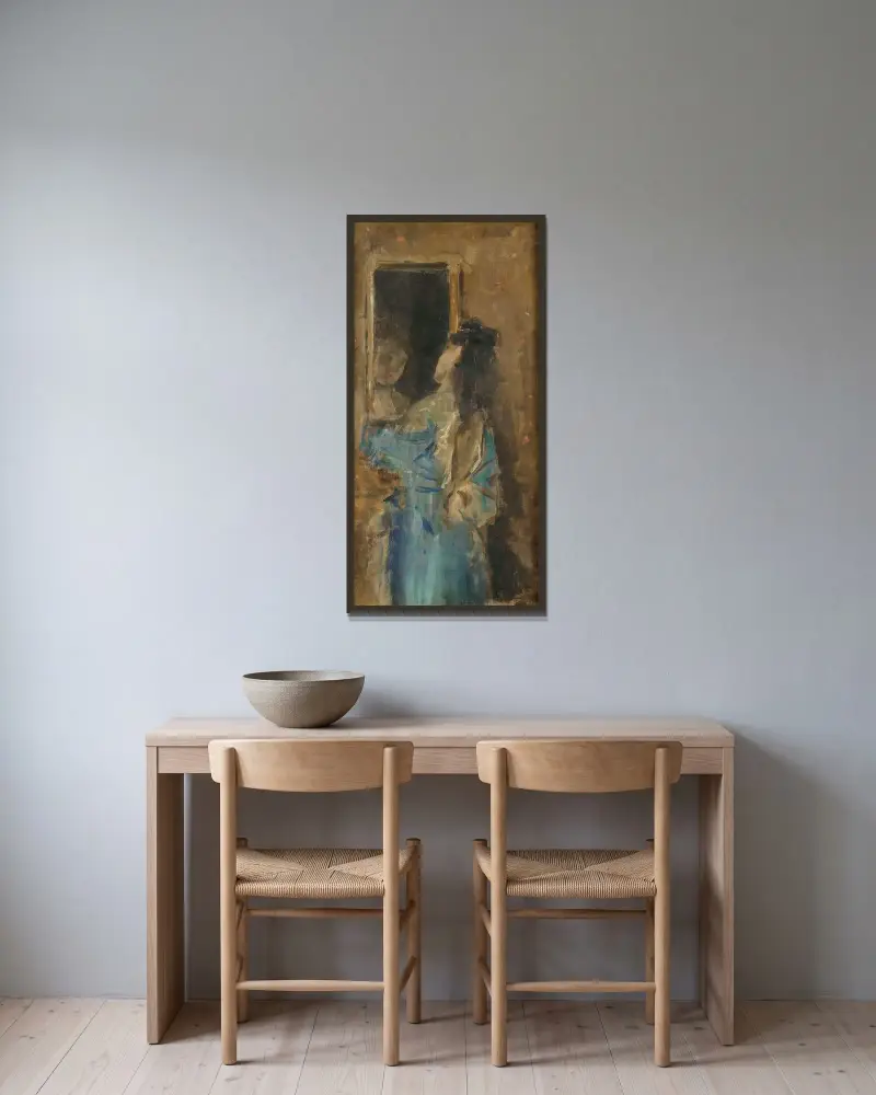 Flicka i blått som ser sig i spegeln av Alfred Stevens inramad på en vägg