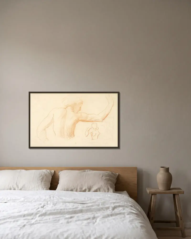 Halvstudie av en kvinnas högra arm utsträckt, sedd bakifrån av Alfred Stevens inramad på en vägg