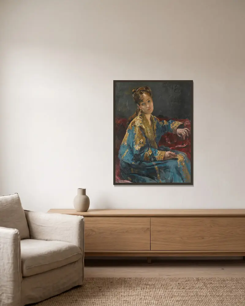 Die Dame in Blau von Alfred Stevens gerahmt an einer Wand