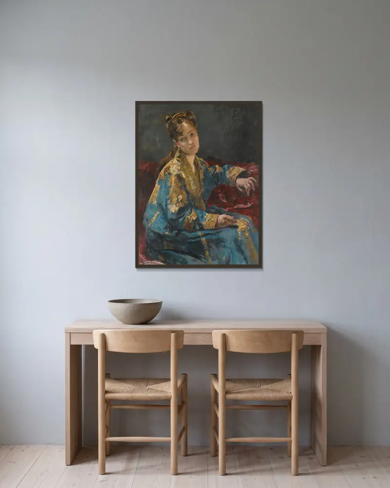 Die Dame in Blau von Alfred Stevens gerahmt an einer Wand