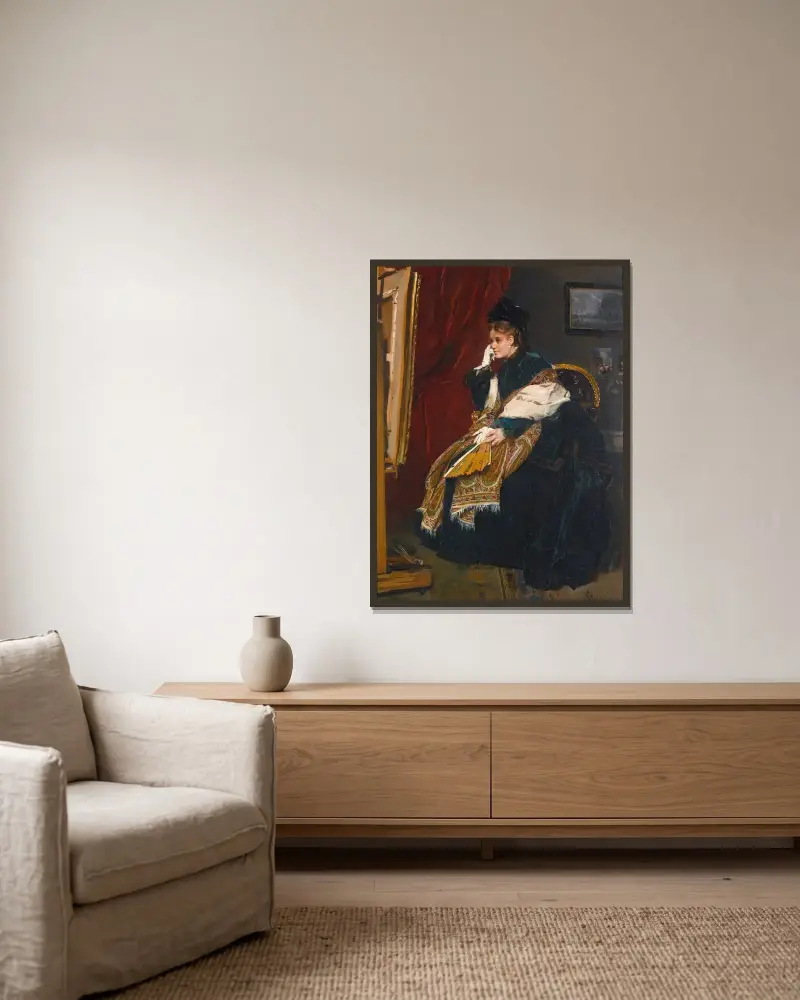 Kvinna i grönt i ateljén av Alfred Stevens inramad på en vägg