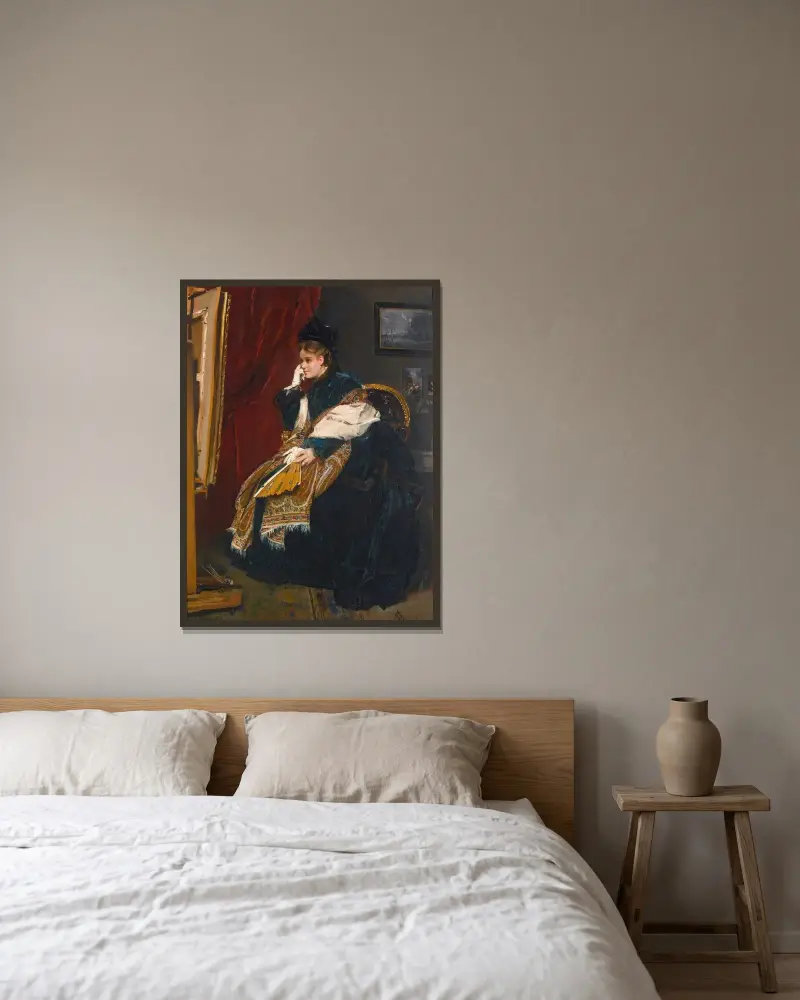 Kvinna i grönt i ateljén av Alfred Stevens inramad på en vägg