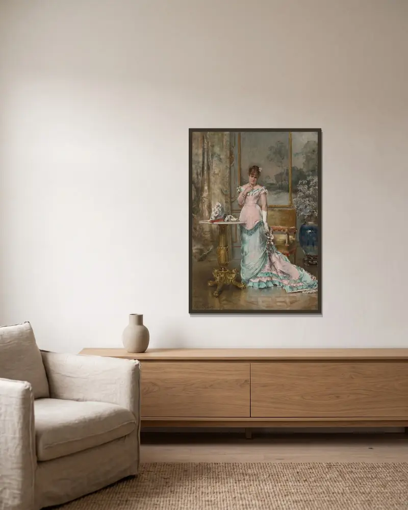 Die Erwartung (Vor dem Ball) von Alfred Stevens gerahmt an einer Wand