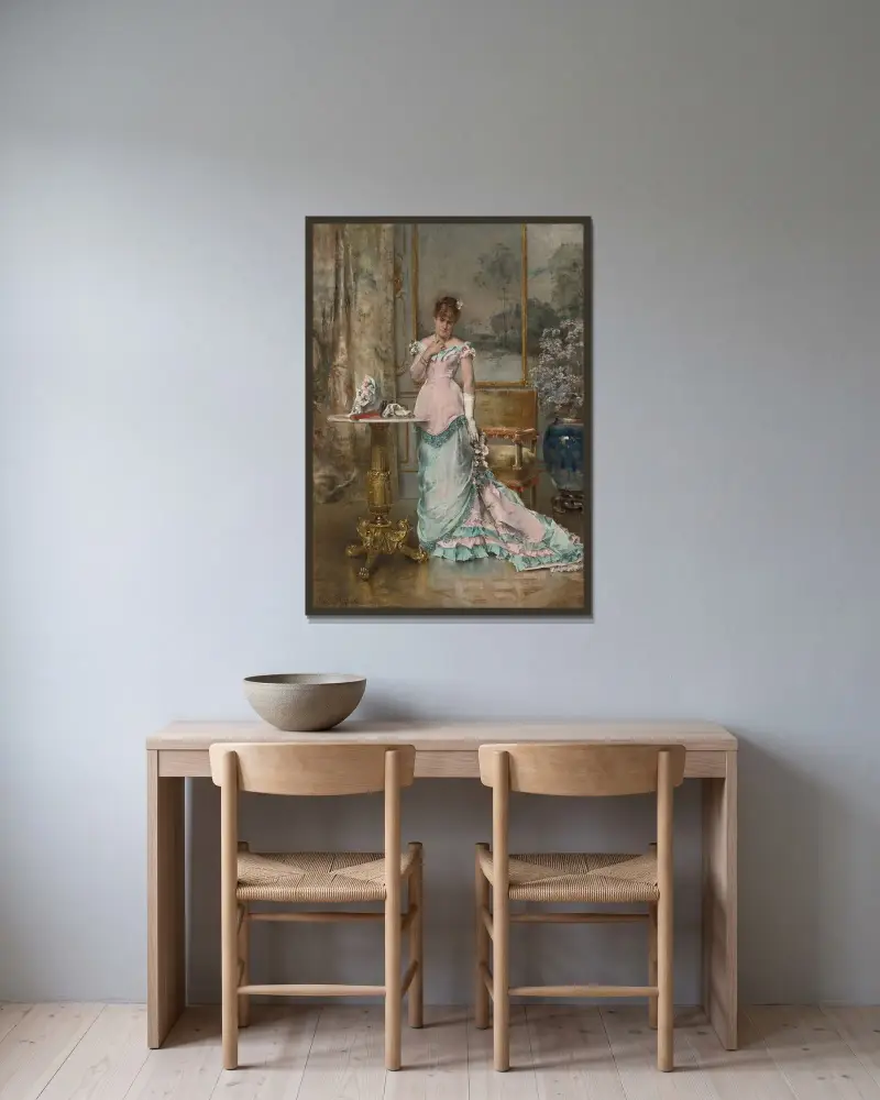 Die Erwartung (Vor dem Ball) von Alfred Stevens gerahmt an einer Wand